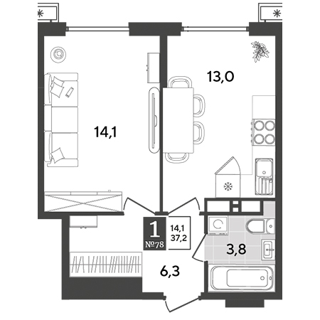 1 комнатная 37.2м²