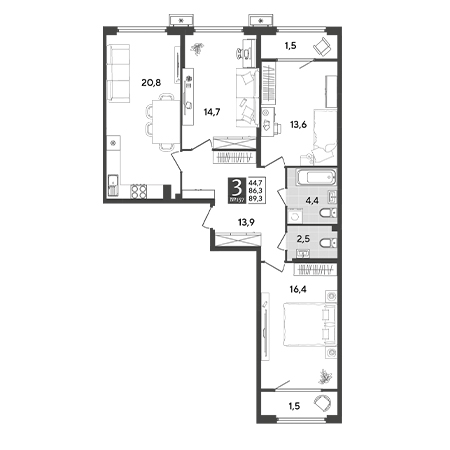 3 комнатная 89.3м²