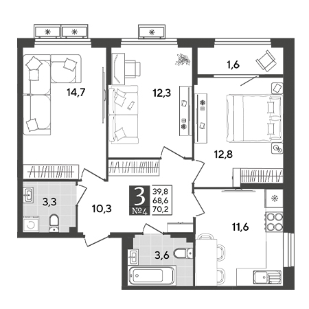 3 комнатная 70.2м²