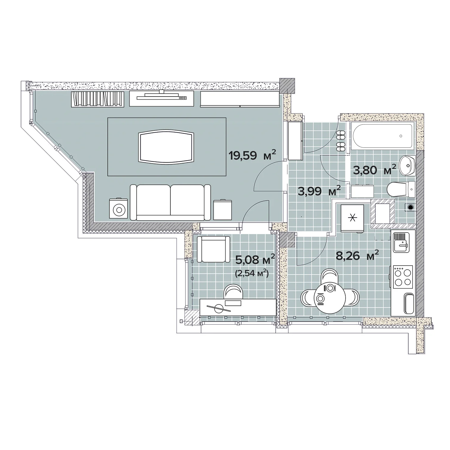 1 комнатная 38.18м²