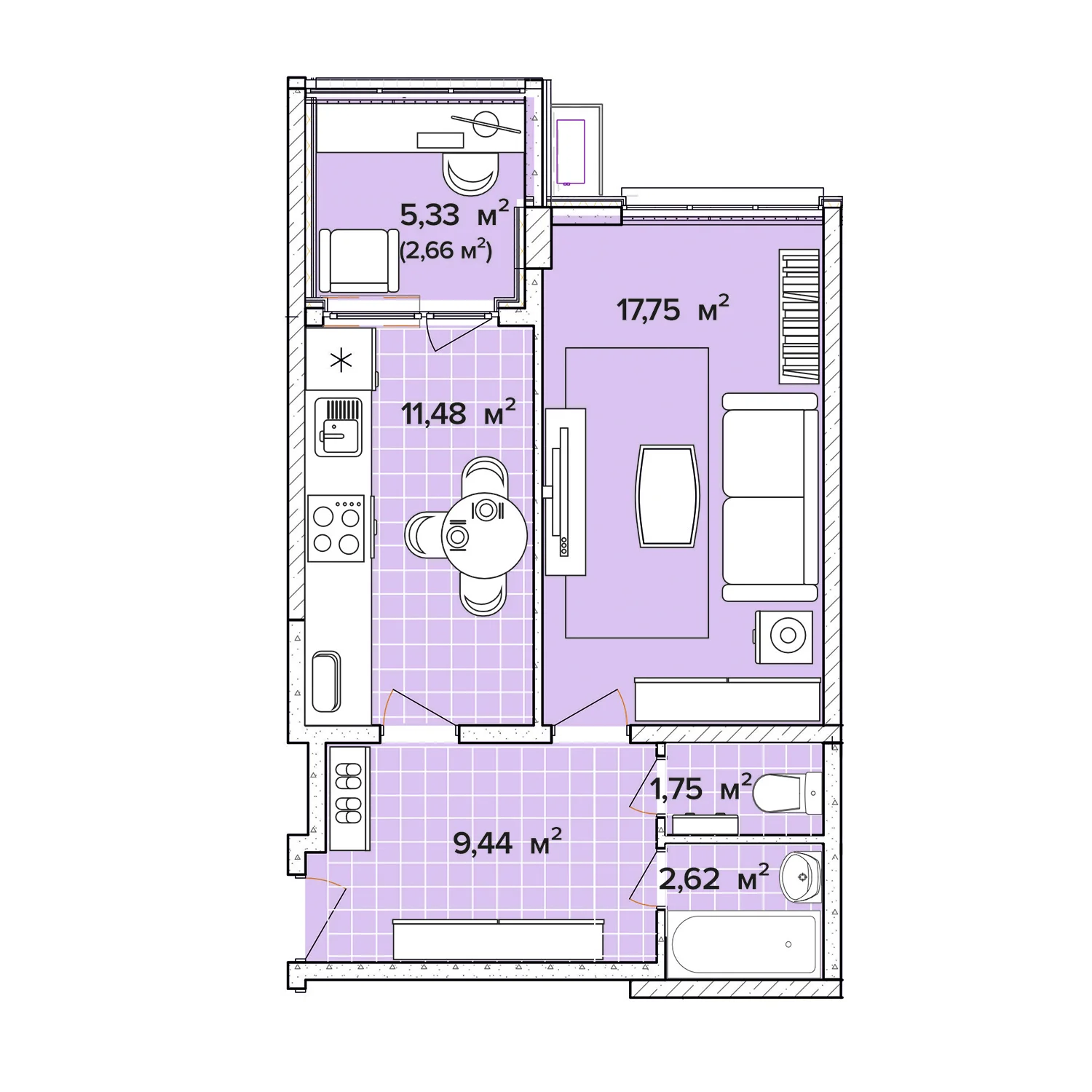 1 комнатная 45.7м²