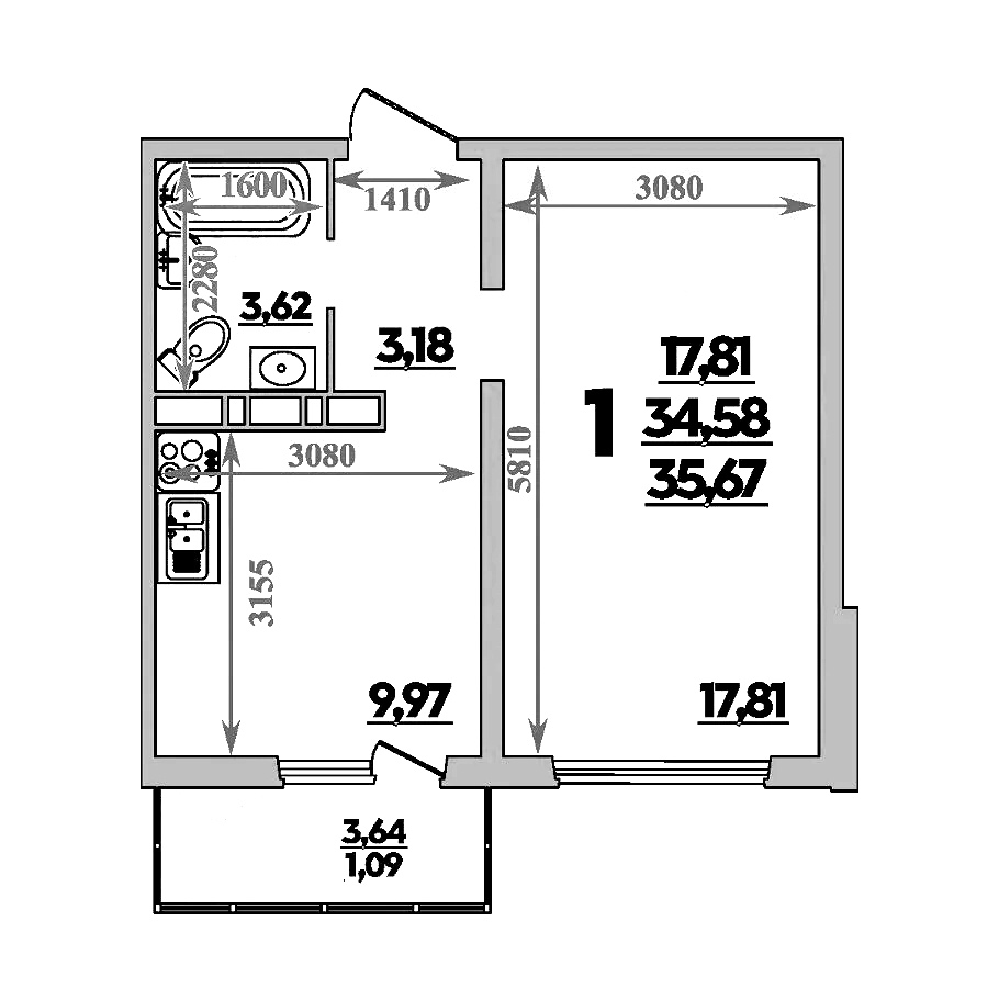 1 комнатная 35.67м²