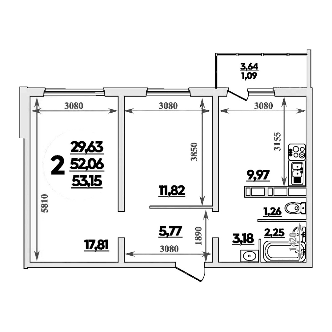 2 комнатная 53.15м²