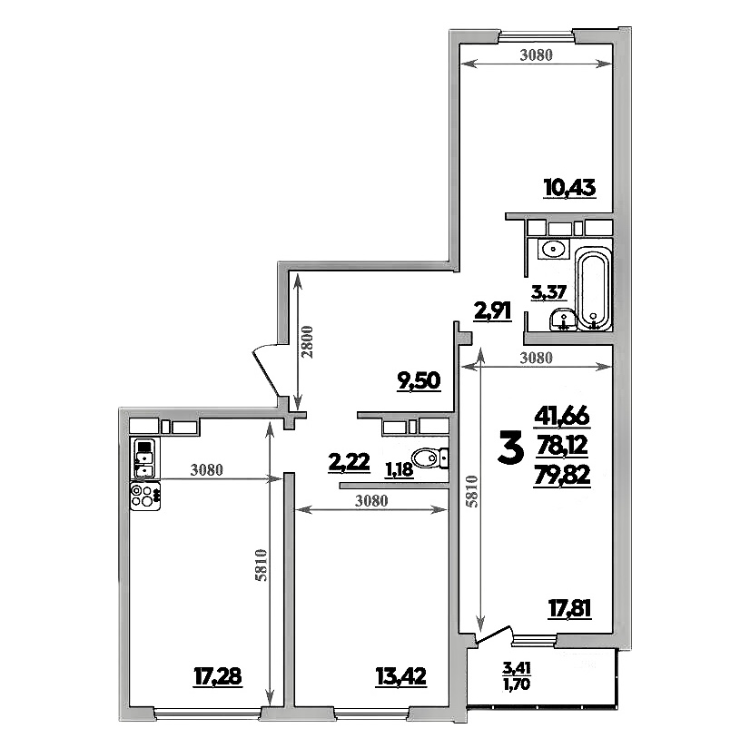 3 комнатная 79.82м²