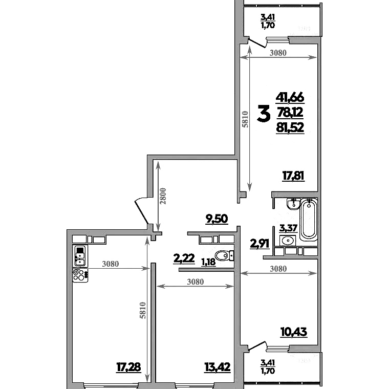 3 комнатная 81.52м²