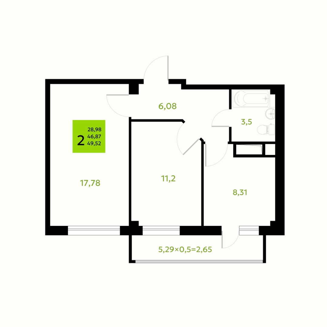 2 комнатная 49.52м²