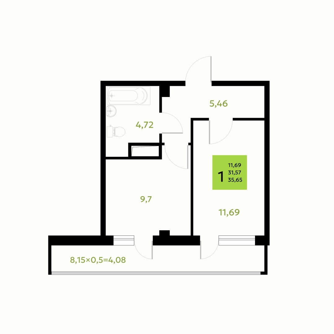 1 комнатная 35.65м²