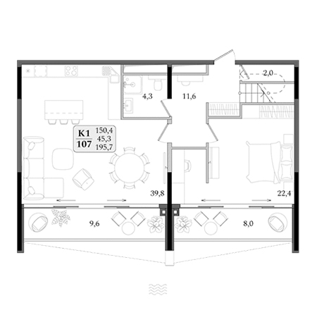 1 комнатная 195.7м²