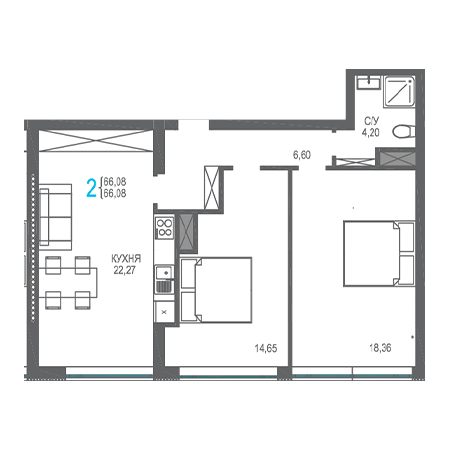 2 комнатная 66.08м²