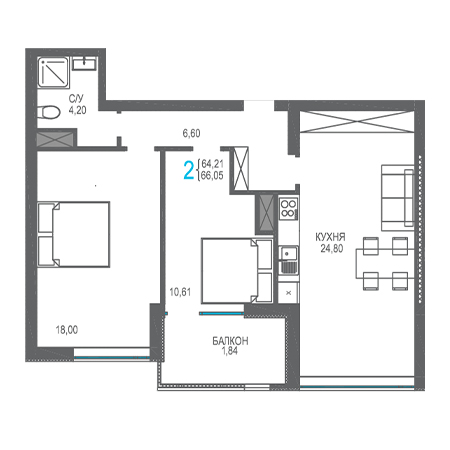 2 комнатная 66.05м²