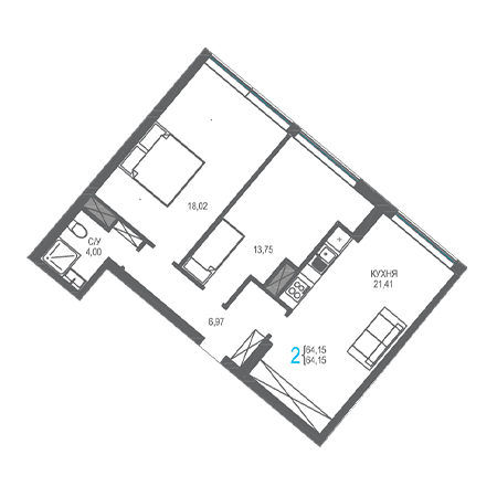 2 комнатная 64.15м²