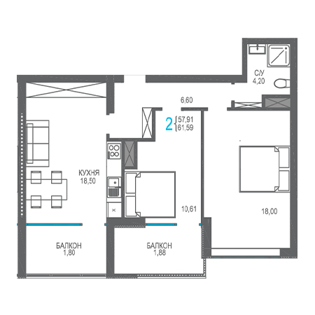 2 комнатная 61.59м²