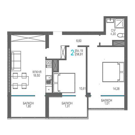 2 комнатная 58.91м²