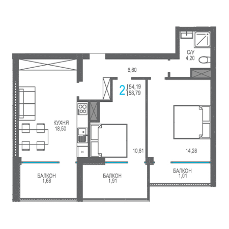 2 комнатная 58.79м²