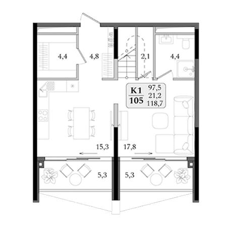 1 комнатная 118.7м²