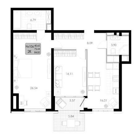 2 комнатная 84.85м²