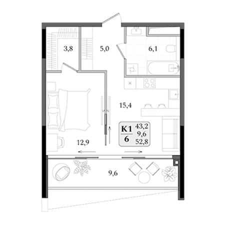 1 комнатная 52.8м²