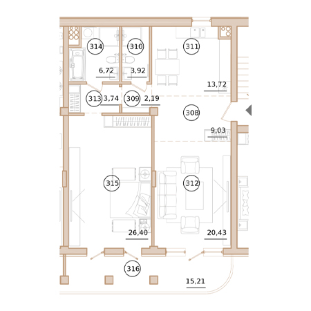 2 комнатная 90.7м²