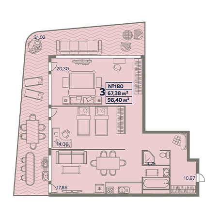 3 комнатная 98.4м²