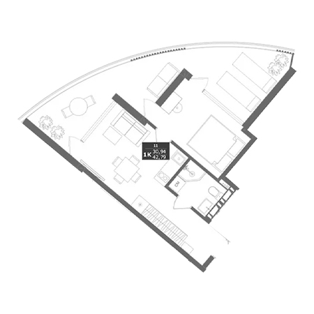 1 комнатная 42.79м²