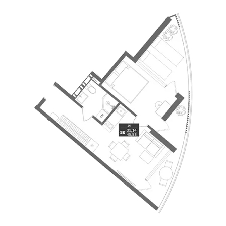 1 комнатная 45.55м²