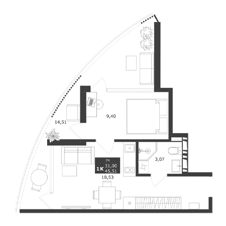 1 комнатная 45.51м²