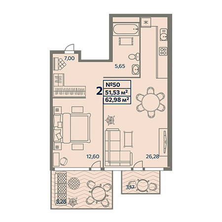 2 комнатная 62.98м²