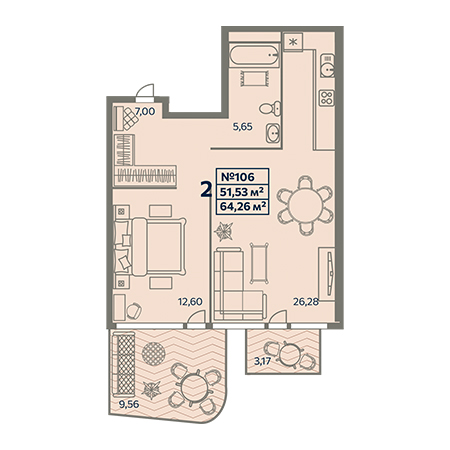 2 комнатная 64.26м²