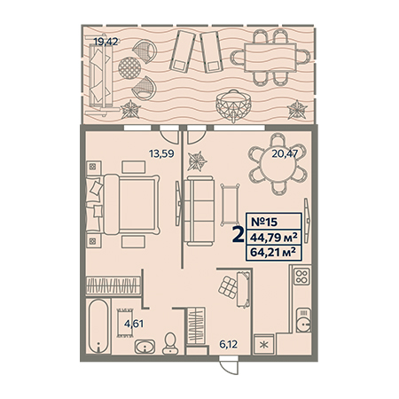 2 комнатная 64.21м²