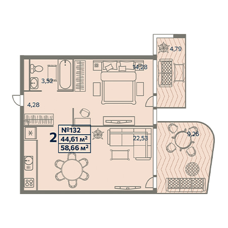 2 комнатная 58.66м²