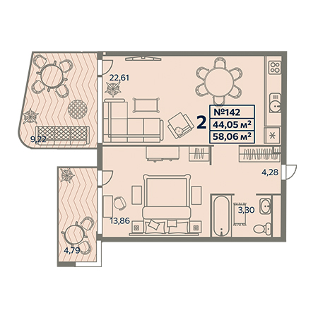 2 комнатная 58.06м²