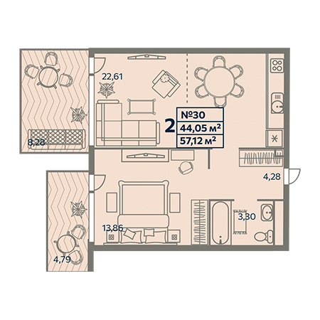 2 комнатная 57.12м²