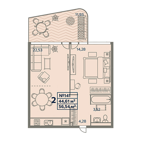 2 комнатная 56.54м²