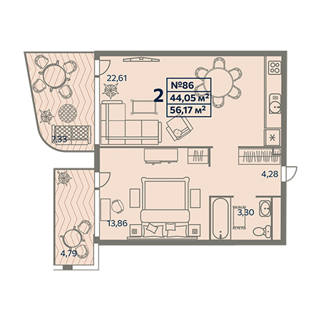 2 комнатная 56.17м²