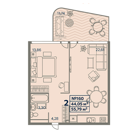 2 комнатная 55.79м²