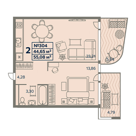 2 комнатная 55.08м²