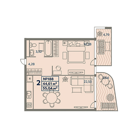 2 комнатная 55.04м²