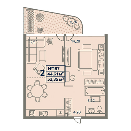 2 комнатная 53.35м²