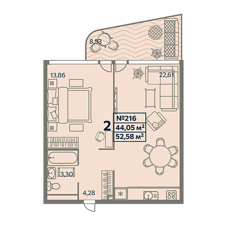 2 комнатная 52.58м²