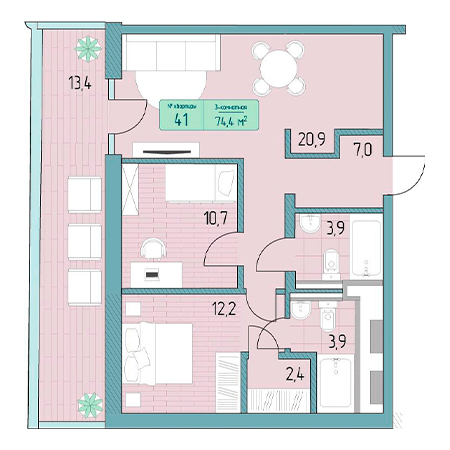 3 комнатная 74.4м²