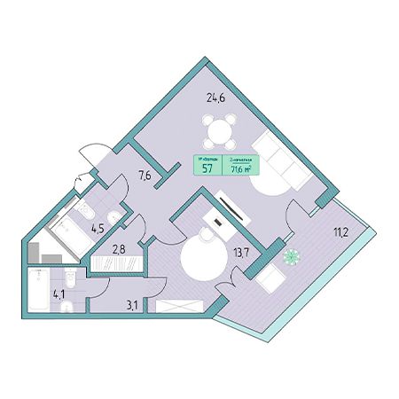 2 комнатная 71.6м²