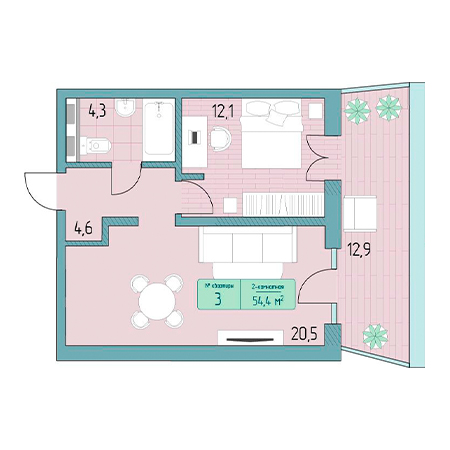 2 комнатная 54.4м²