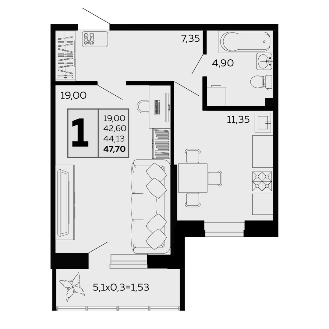 1 комнатная 47.7м²