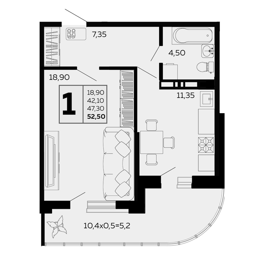 1 комнатная 52.5м²