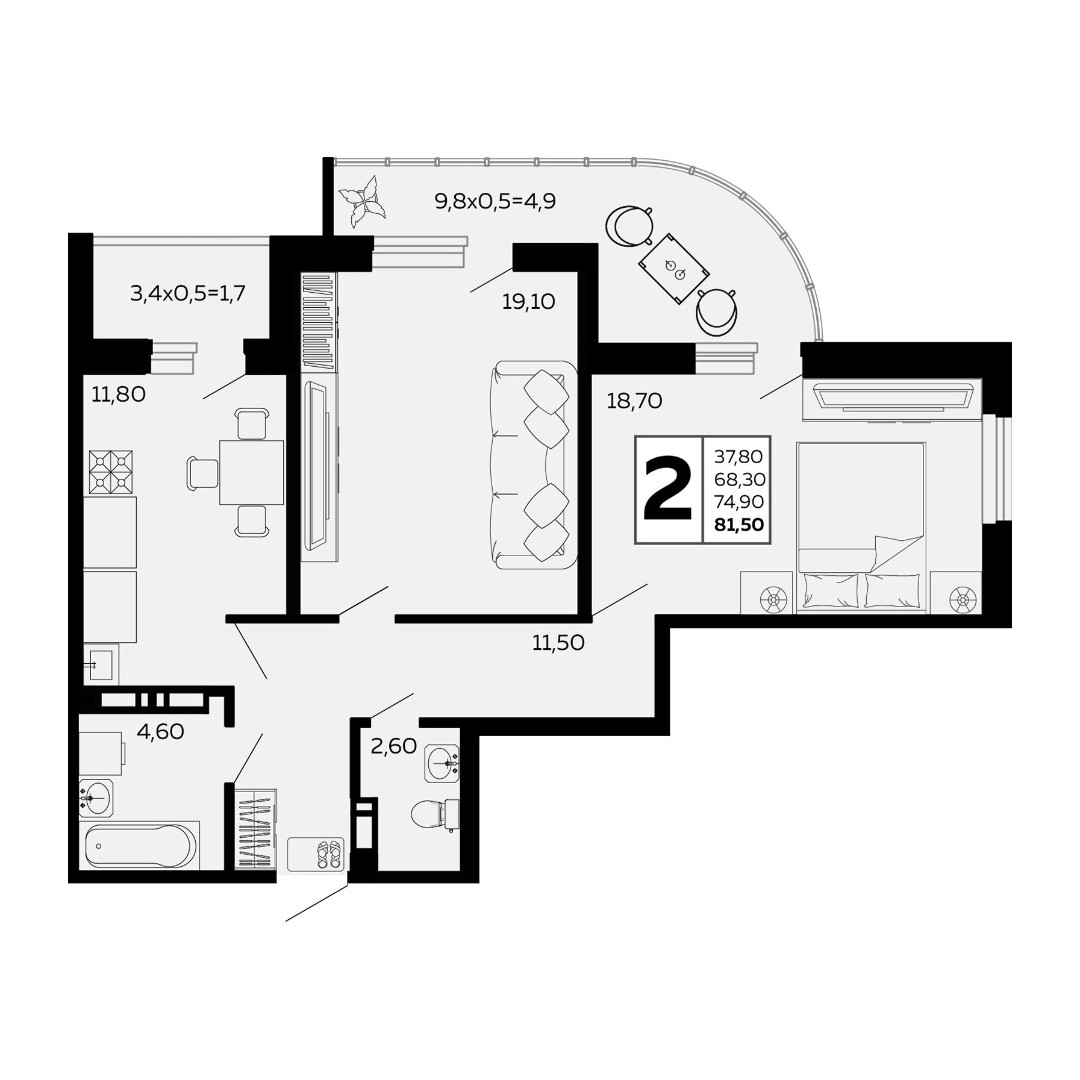 2 комнатная 81.5м²