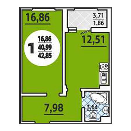 1 комнатная 42.85м²