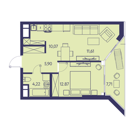 2 комнатная 52.38м²