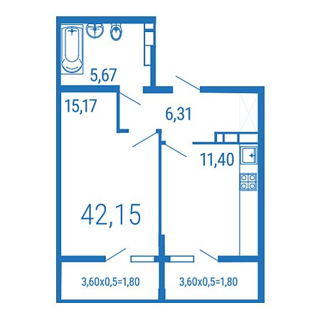 1 комнатная 42.15м²