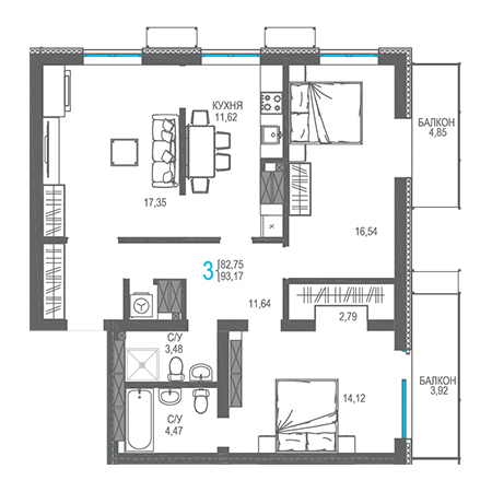 3 комнатная 93.17м²