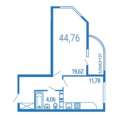 1 комнатная 44.76м²